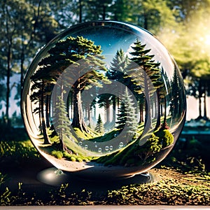 Crystal globe on moss in a forest - environment concept. Generative AI