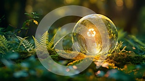 A crystal globe with a recycle symbol, nestled in green moss and bathed in warm sunlight