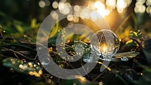 Crystal globe resting on left in a forest with water drop, Environment concept