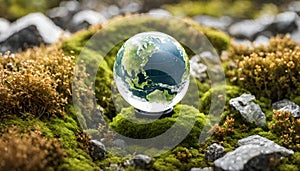 Crystal Globe Resting on Moss ESG Symbolism for Sustainable Global Harmony