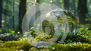 A crystal globe rests on moss in a forest - concept of the environment