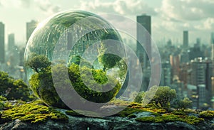 Crystal globe on the rock with green cityscape