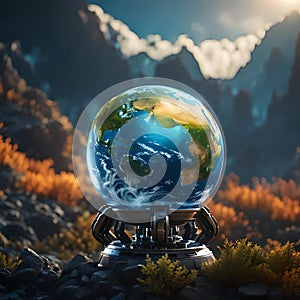 Crystal globe sphere illustration of a planet in the middle of nature. Concept alluding to the future of planet Earth due to the