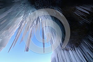 Crystal Icicles Inside Ice Cave of Lake Baikal in Winter