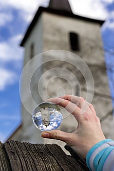 Lensball and Gothic church in Ludrova, Slovakia