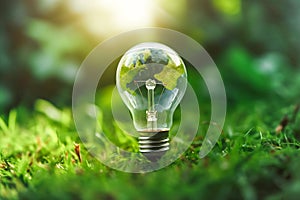 Crystal light bulb with world map on green grass on a meadow. Symbol for alternative energy sources sustainable living environment