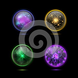 Crystal magical orbs. Glowing energy sphere and shiny lightning. Spiritual glass globe occult prediction future with