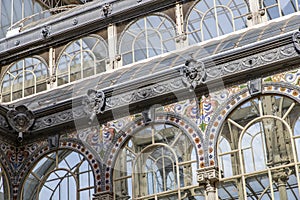 Crystal Palace (Palacio de cristal) in Retiro Park,Madrid, Spain. Detail of the crystal palace.