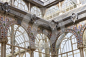 Crystal Palace (Palacio de cristal) in Retiro Park,Madrid, Spain. Detail of the crystal palace.