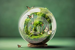 Crystal planet Earth globe with lush vegetation forest green grass flying butterflies. Symbol for sustainability environment