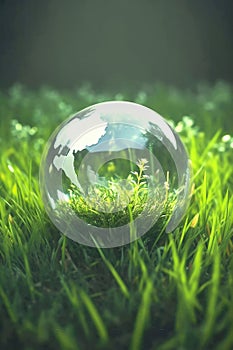 Crystal planet Earth globe with world map on green grass on a meadow. Symbol for sustainability environment protection green