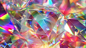 A crystal prism overlay with iridescent spectrum refraction blur on an abstract rainbow background. A diamond lens