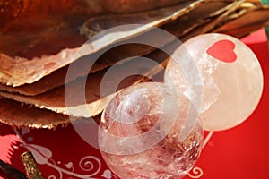 Crystal quartz balls with Pinna nobilis, noble pen shells, macro photography, closeup