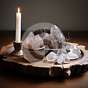 Crystal quartz minerals stones and candle for ritual, esoteric spiritual practice, witchcraft, reiki healing therapy, aura