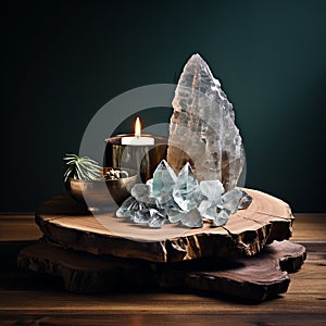 Crystal quartz minerals stones and candle for ritual, esoteric spiritual practice, witchcraft, reiki healing therapy, aura