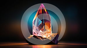 A crystal on a rock with light shining through it, AI