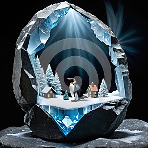 a crystal sculpture on a rock with a black background and a light shining on side