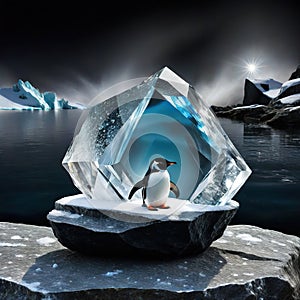 a crystal sculpture on a rock with a black background and a light shining on side