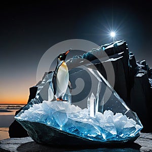 a crystal sculpture on a rock with a black background and a light shining on side