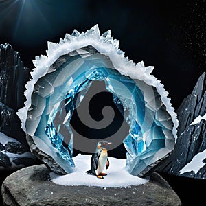 a crystal sculpture on a rock with a black background and a light shining on side