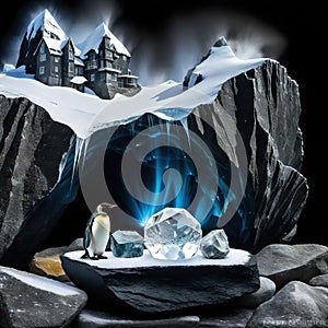 a crystal sculpture on a rock with a black background and a light shining on side