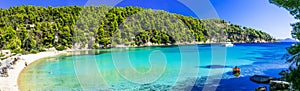 Crystal sea and turquoise waters of Alonissos island in Greece. MIlia beach. Northen Sporades