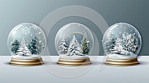 Crystal semisphere containers, isolated silver and gold bases. Festive xmas gift mockup. A collection of realistic 3D