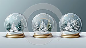 Crystal semisphere containers, isolated silver and gold bases. Festive xmas gift mockup. A collection of realistic 3D photo