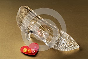 Crystal shoe and red heart with the word love