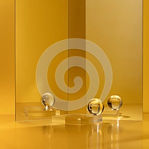 Crystal skincare product display stand on gold background decorated with mirror and crystal ball