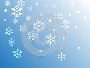 Crystal snowflake and circle shapes vector graphics. Macro winter snow confetti scatter card background.