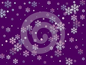 Crystal snowflake and circle shapes vector illustration. Magic winter snow confetti scatter card background.