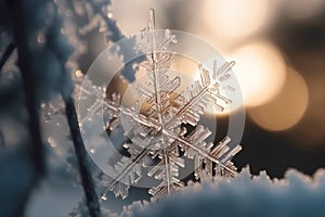 Crystal of snowflake macro on snow background in sunny day. AI generated