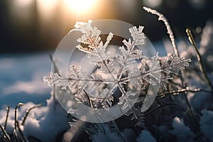 Crystal of snowflake macro on snow background in sunny day. AI generated