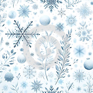 Crystal Snowflake Seamless Pattern on White Background ai generated