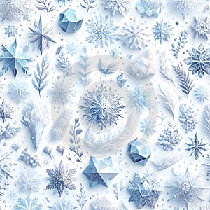 Crystal Snowflake Seamless Pattern on White Background ai generated
