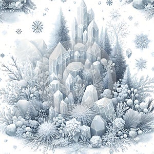 Crystal Snowflake Seamless Pattern on White Background ai generated