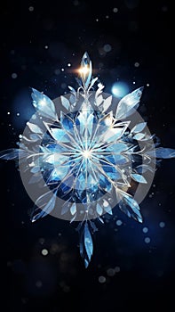 Crystal snowflake winter snow star pattern design on dark blue background. Winter decoration concept