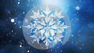 Crystal sparkling snowflake winter snow star pattern design on blue glowing background. Winter decoration concept