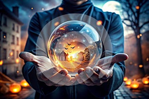 Crystal sphere in hands. Magic ball predictions photo