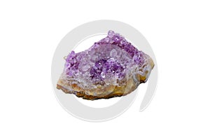 Crystal stone is a mineral. Purple rough amethyst quartz crystals, isolated on white background