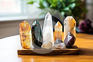 Crystal stones on wooden table indoors. Gemstones and crystals on table at home