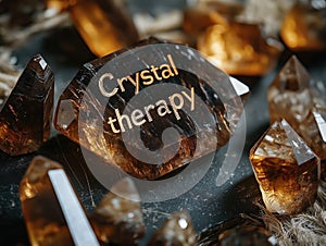 Crystal therapy text written on a blackboard. photo
