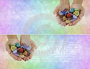 Crystal therapy word cloud rainbow message banner