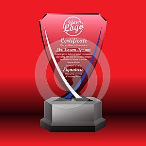 Crystal trophy certificate design template on red background.