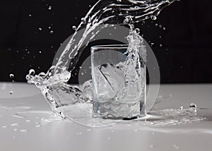 Crystal water. splash in a glass of crystal with black background and white table