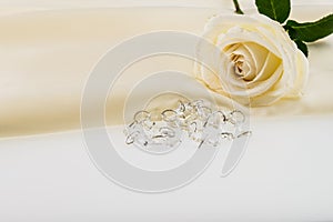 Crystal, white rose on ivory silk satin