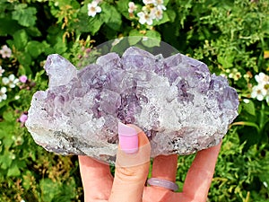 Crystal in Woman Hand : Amethist Amethyst Gems Uncut Raw Lake Stones Gems River Water Rocks Pink Nails