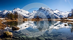 Crystalclear lake with snow capped mountains in scenic view
