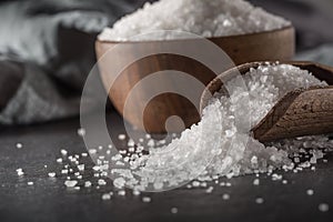 Crystaline sea salt in bowl and spoon - closeup